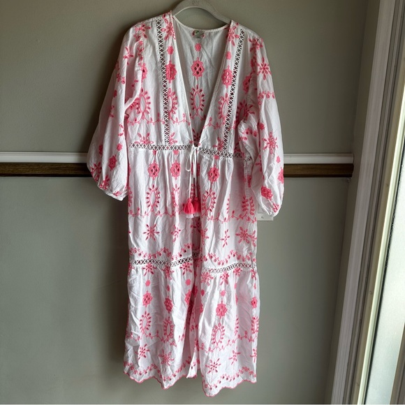 J Crew Beachwear White Pink Balloon Sleeve Coverup  Cottagecore - Picture 1 of 6